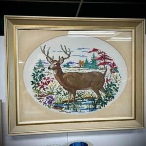 Large deer cross stitch picture vintage framed kitschy